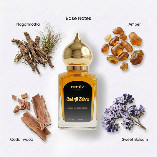 Decoy Oud Al Zahra perfume bottle with ingredients on a white background