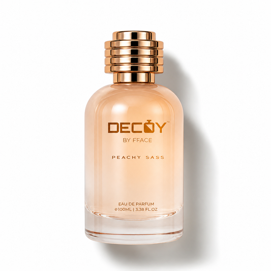 Perfume bottle labeled 'Decoy by Fface Peachy Sass' on a white background