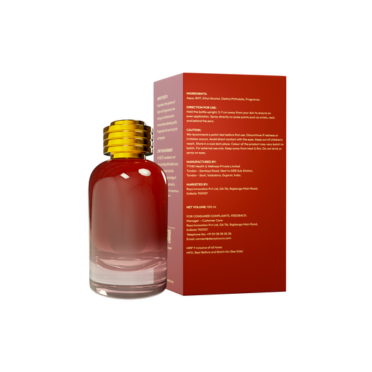 back of Decoy luxury passionate red 50ml perfume bottle with box