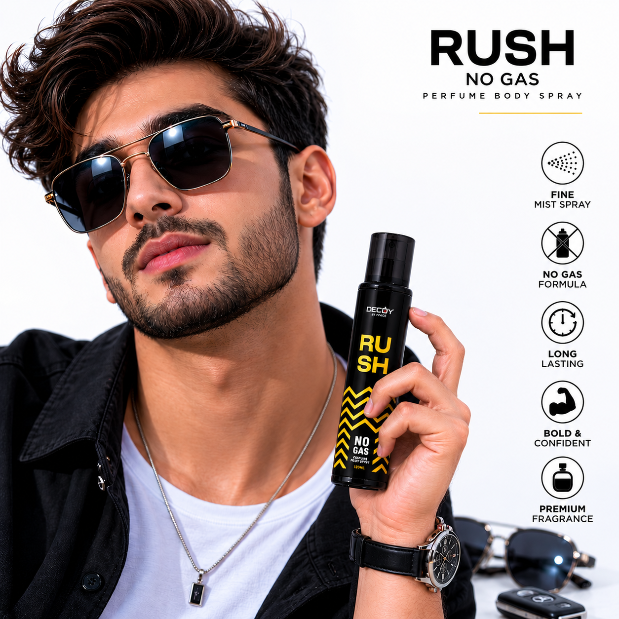 Modern masculine lifestyle featuring Decoy Rush perfume body spray