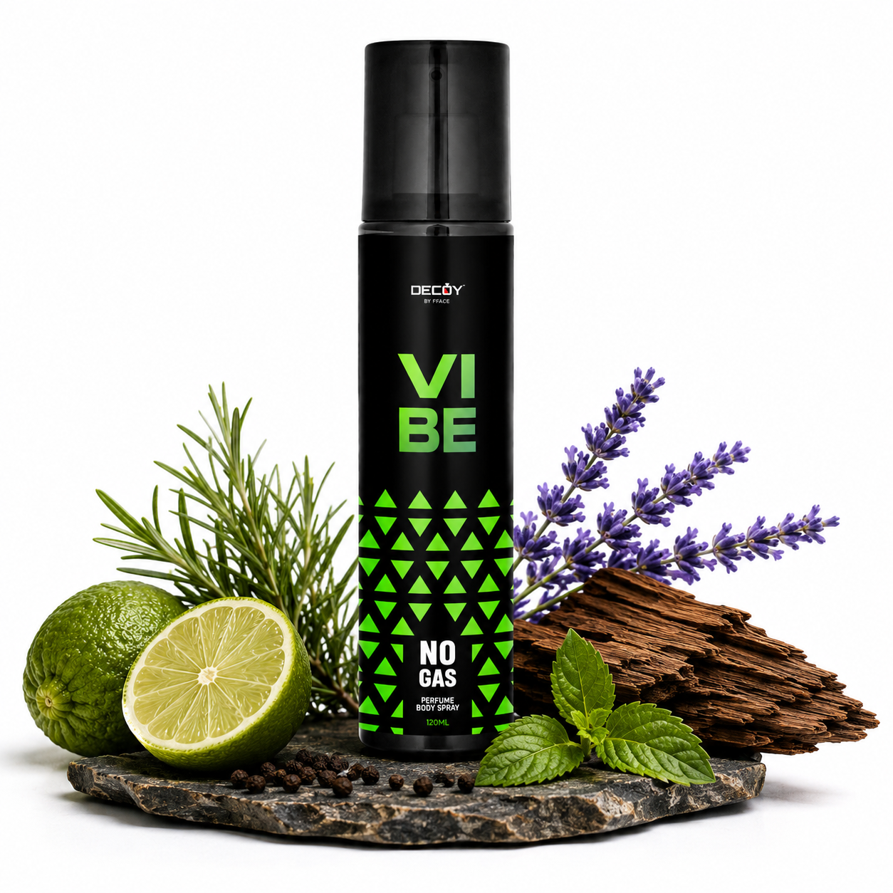 Body spray bottle labeled 'Vibe' with limes, lavender, and vanilla on a white background