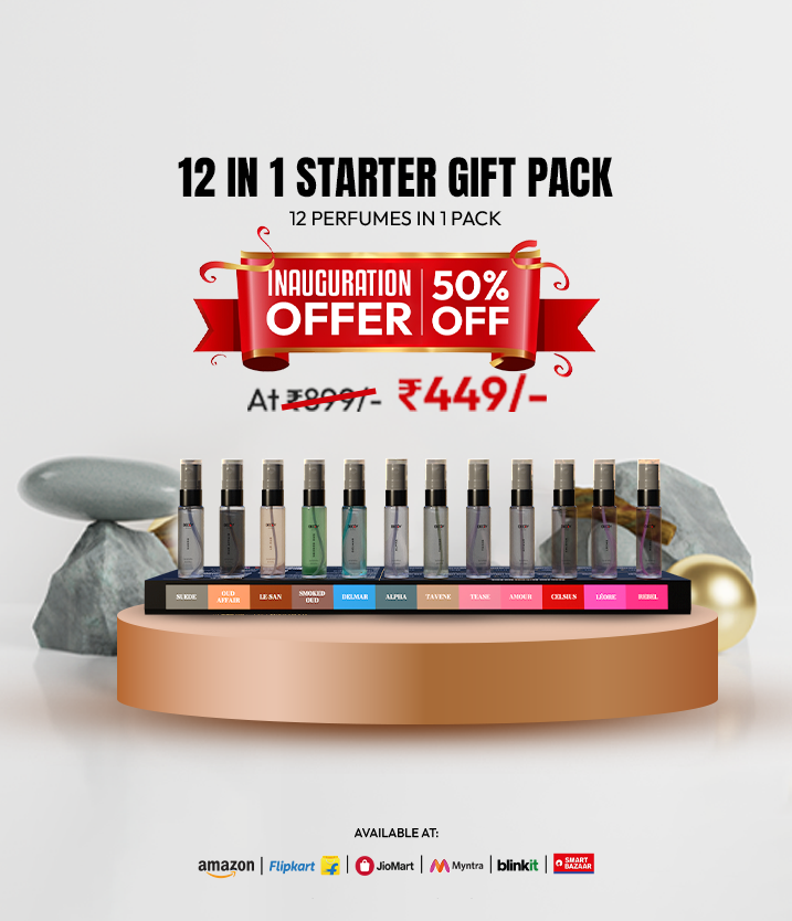 12-in-1 perfume starter gift pack with promotional offer on a white background