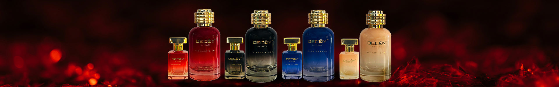 Decoy Luxury complete perfume collection featuring Intense Black Blue Zephyr and gift sets lined up