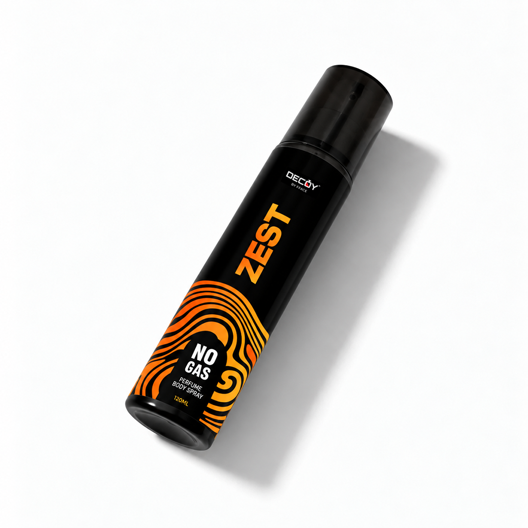 ZEST 120ml black and orange body spray bottle angled view