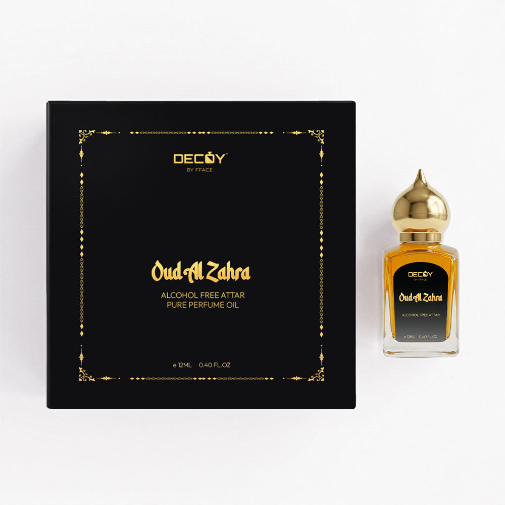Decoy Oud Al Zahr Perfume Oil bottle and packaging on a white background