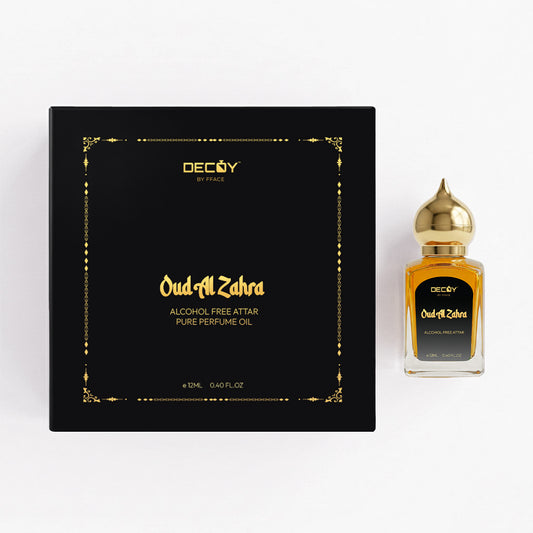 Decoy Oud Al Zahr Perfume Oil bottle and packaging on a white background