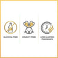 Three icons indicating alcohol-free, cruelty-free, and long-lasting fragrance on a white background.