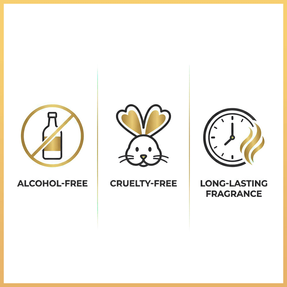 Three icons indicating alcohol-free, cruelty-free, and long-lasting fragrance on a white background.