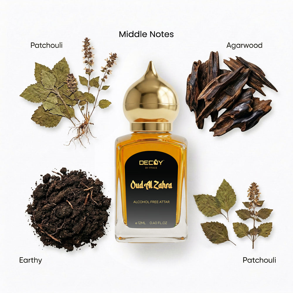 Decoy Oud Al Zahra alcohol-free attar with ingredients on a white background