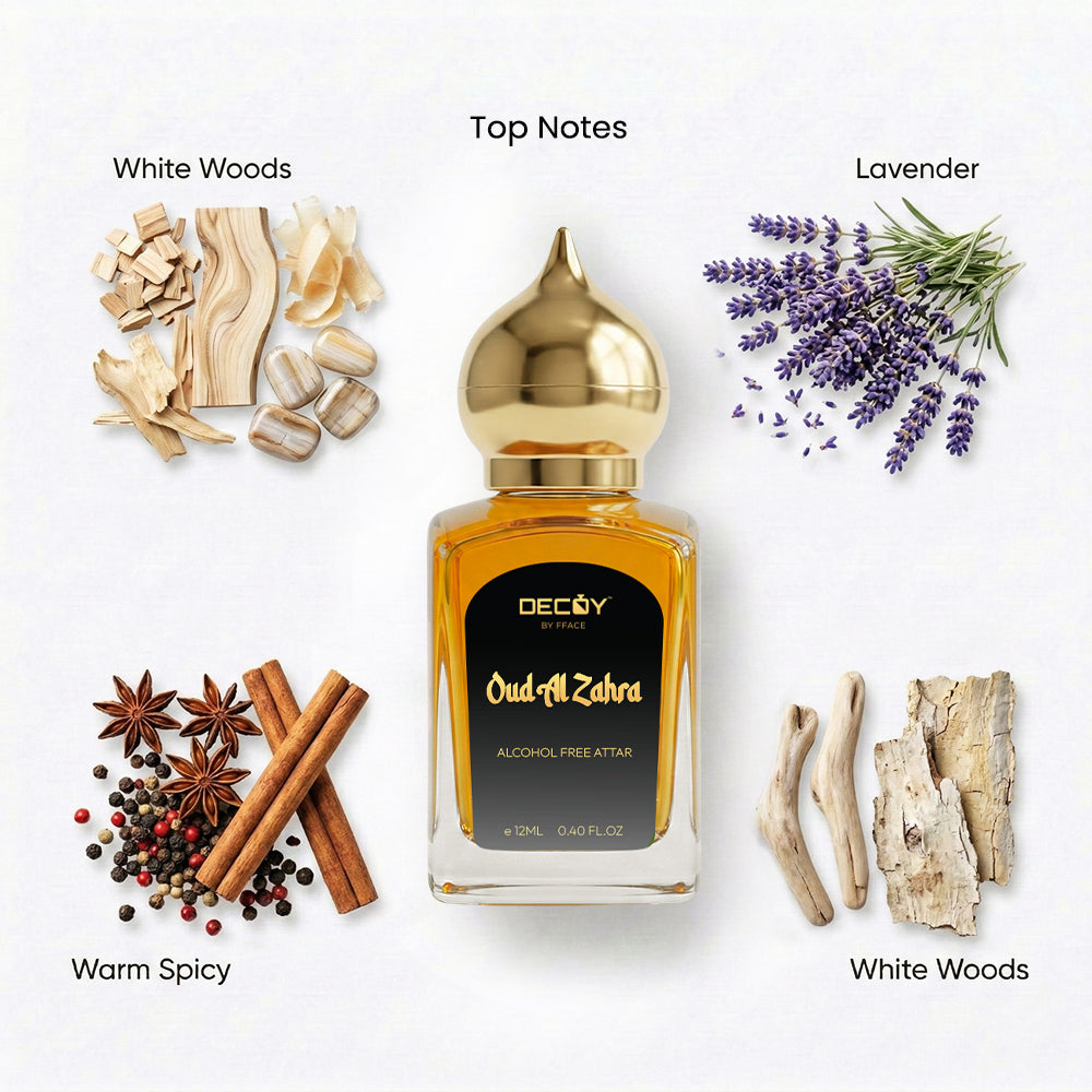 Decoy Oud Al-Zahra perfume bottle with ingredients on a white background