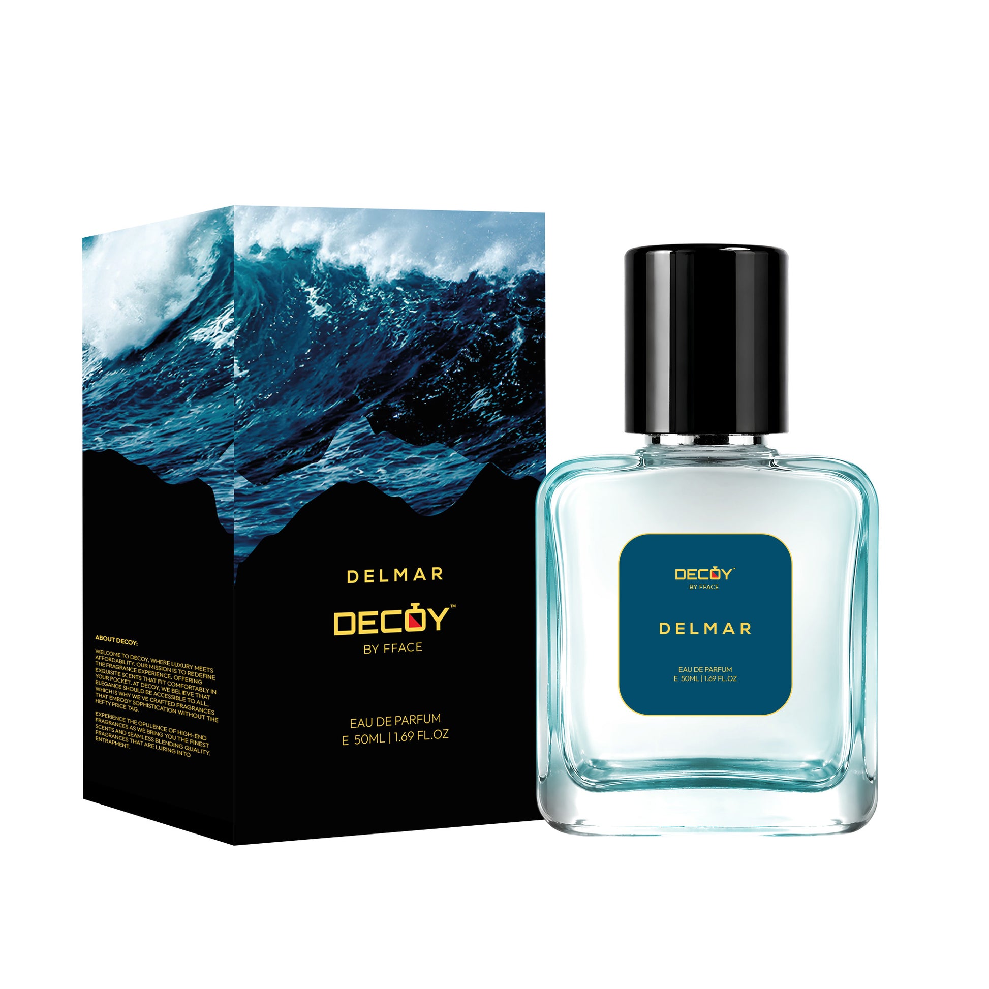 Delmar Decoy perfume bottle and packaging with wave design