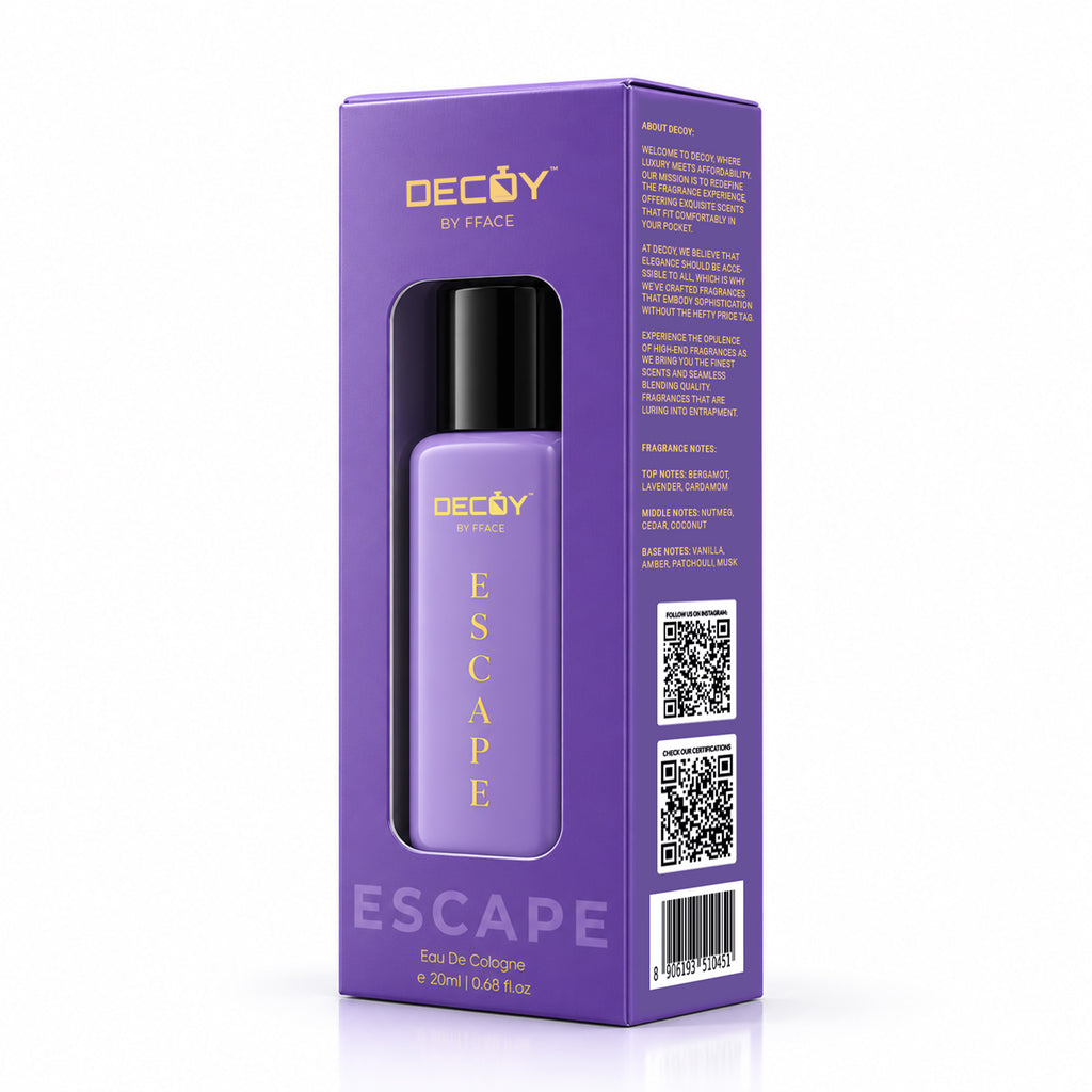 Angled Decoy Escape carton showing bottle and fragrance details