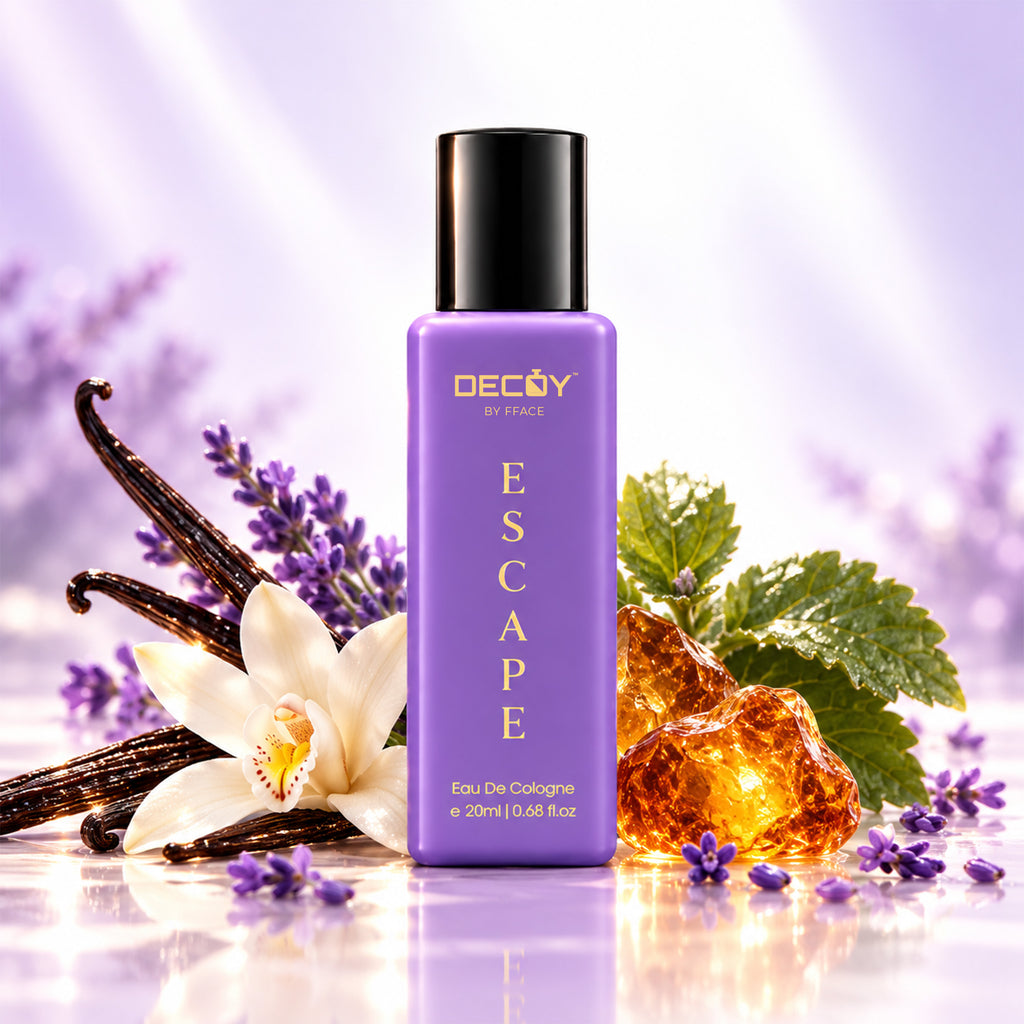 Decoy Escape bottle with vanilla, amber and green leaves