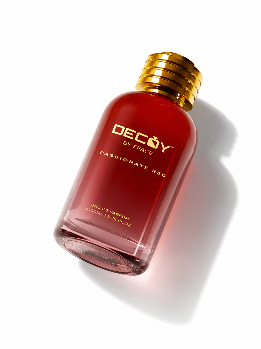 DECAY BY FFACE Passionate Red Eau de Parfum bottle, featuring a translucent deep red glass bottle with a metallic gold screw cap, shown on a clean white background with a soft shadow.