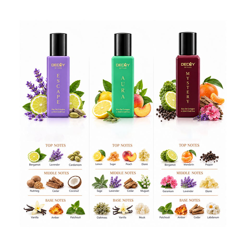 Decoy Eau de Cologne Perfume Set 3 x 20ml | Escape, Aura & Mystery