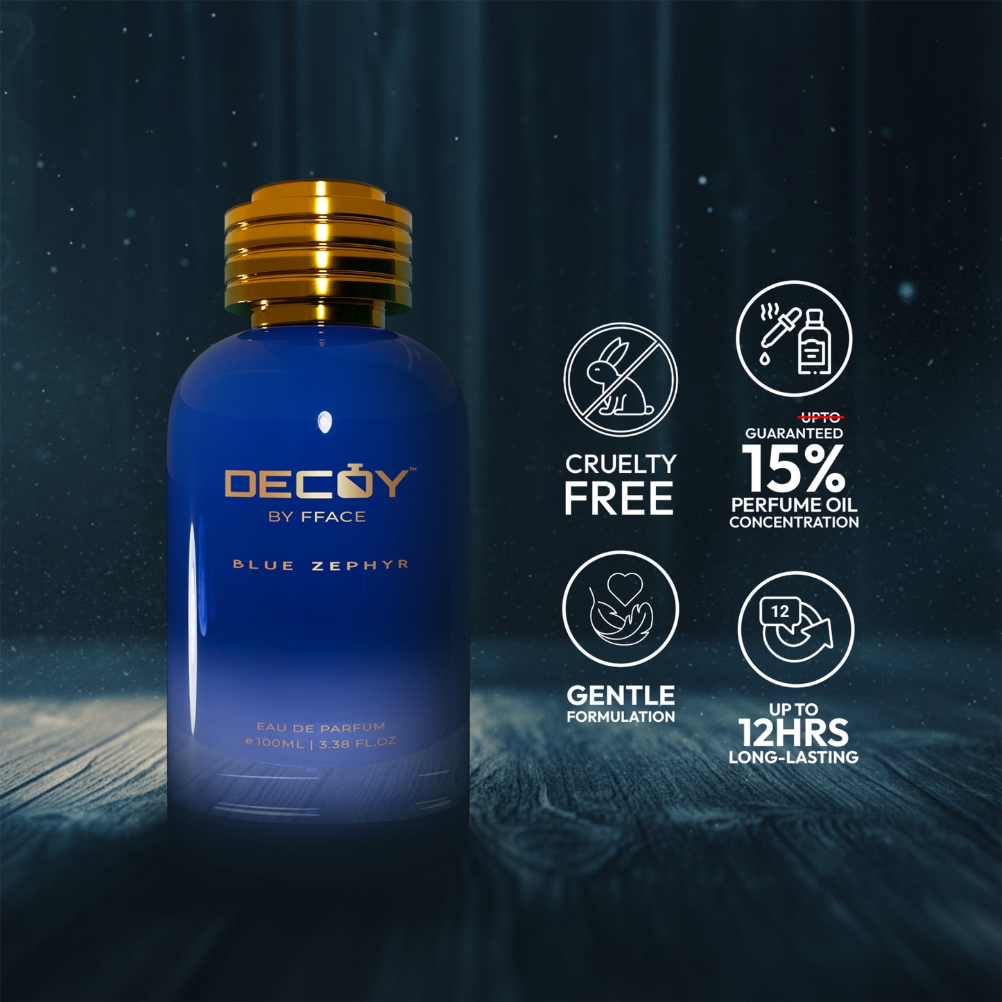 Blue perfume bottle with gold cap on a dark background, featuring Decoy by Fface branding.