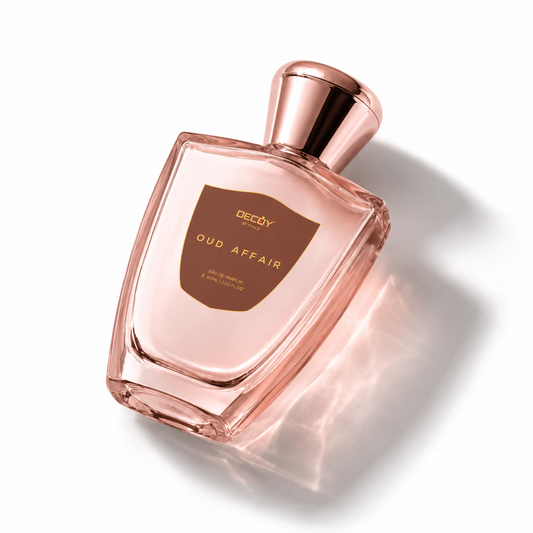 Perfume bottle labeled 'Oud Affair' by Decoy on a white background