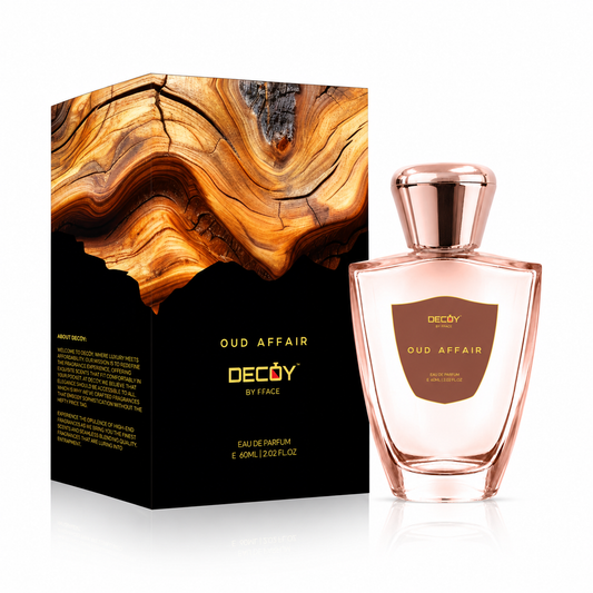 Decoy Oud Affair perfume bottle and packaging on a white background