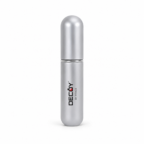Silver cylindrical perfume bottle with 'Decoy by Face' branding on a white background