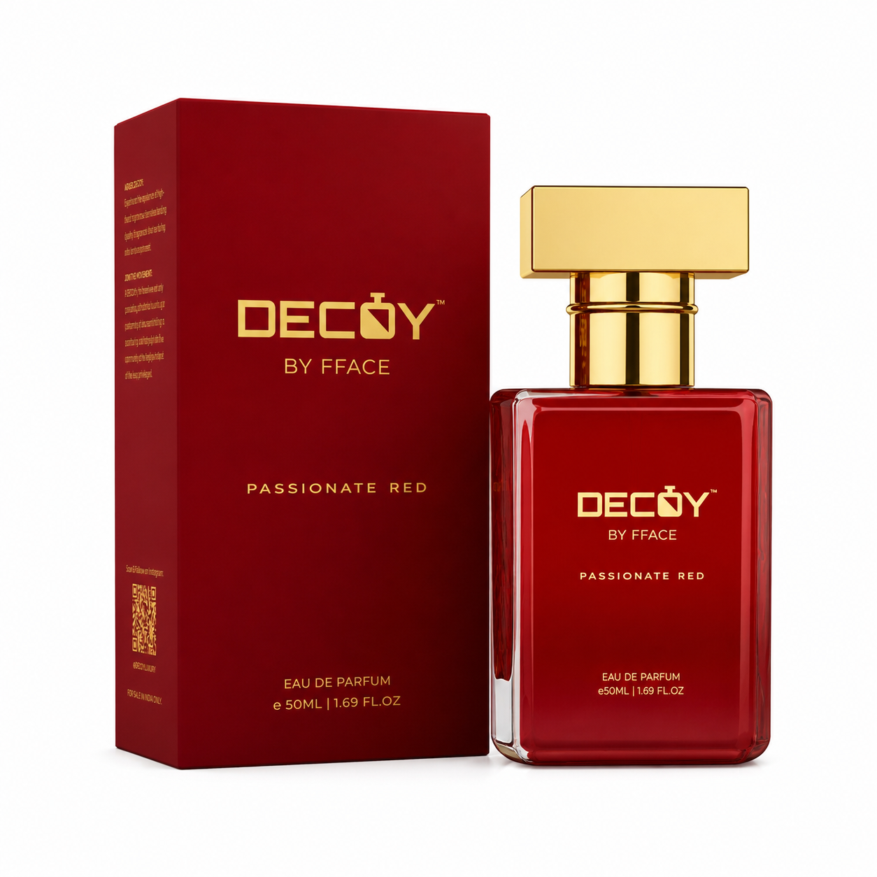 Decoy by Fface Passionate Red perfume bottle and packaging on a white background