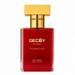 Red perfume bottle with gold cap on a white background