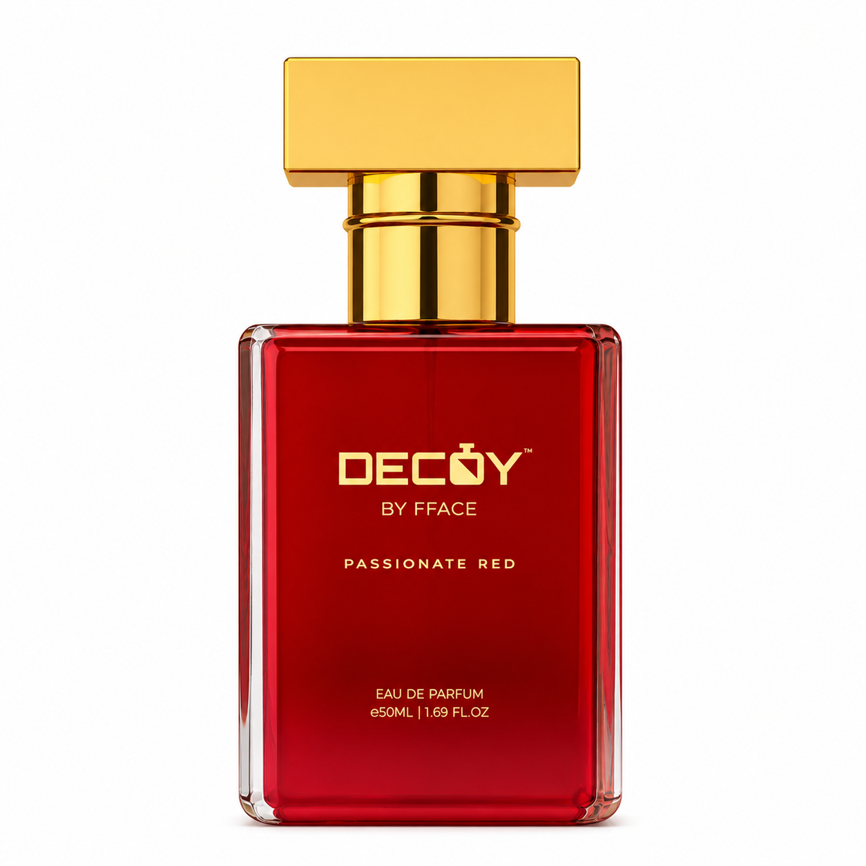 Red perfume bottle with gold cap on a white background