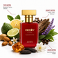 Decoy by Fface Passionate Red perfume bottle with top, heart, and base notes elements on a white background