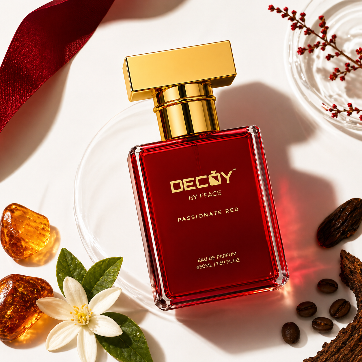 Red perfume bottle with gold cap labeled 'DECOY by FFACE' on a white background with decorative elements.