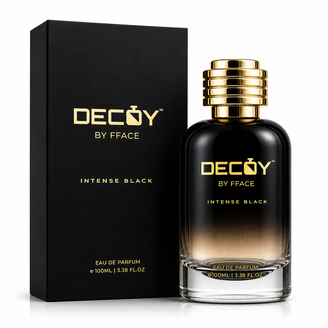 Decoy by Fface Intense Black perfume bottle and packaging on a white background