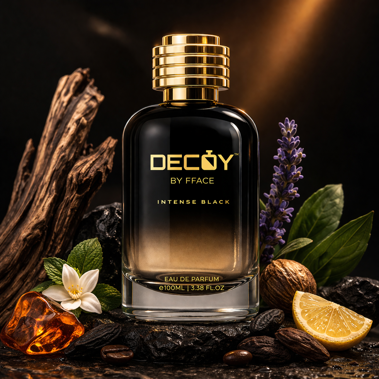 Decoy by Fface Intense Black perfume bottle with natural elements on a dark background