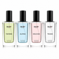 Four Decoy perfume bottles with different colored liquids and labels on a white background.