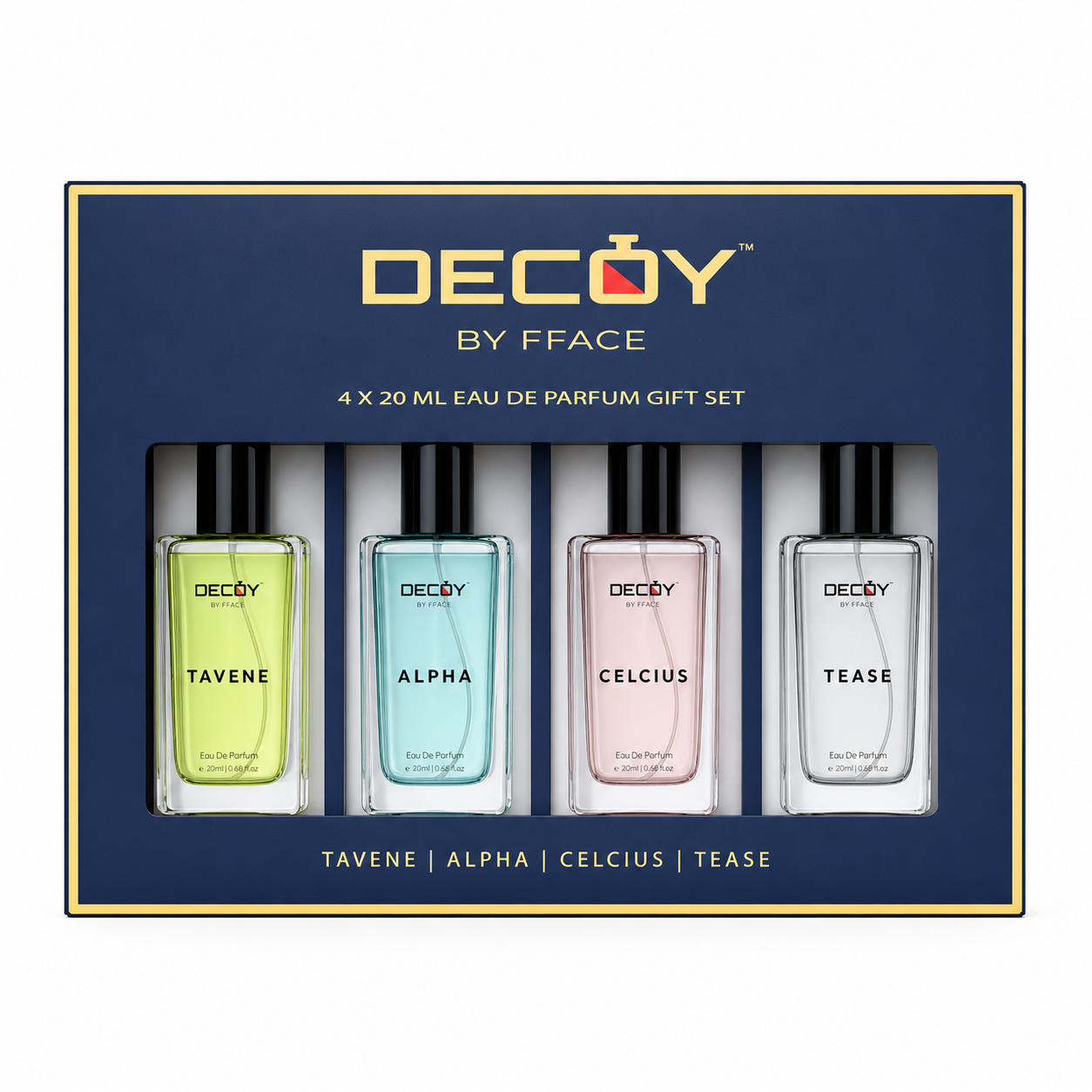 Decoy by Fface perfume gift set with four 20ml bottles in a box.