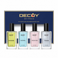 Decoy by Fface perfume gift set with four bottles in front of a branded box.