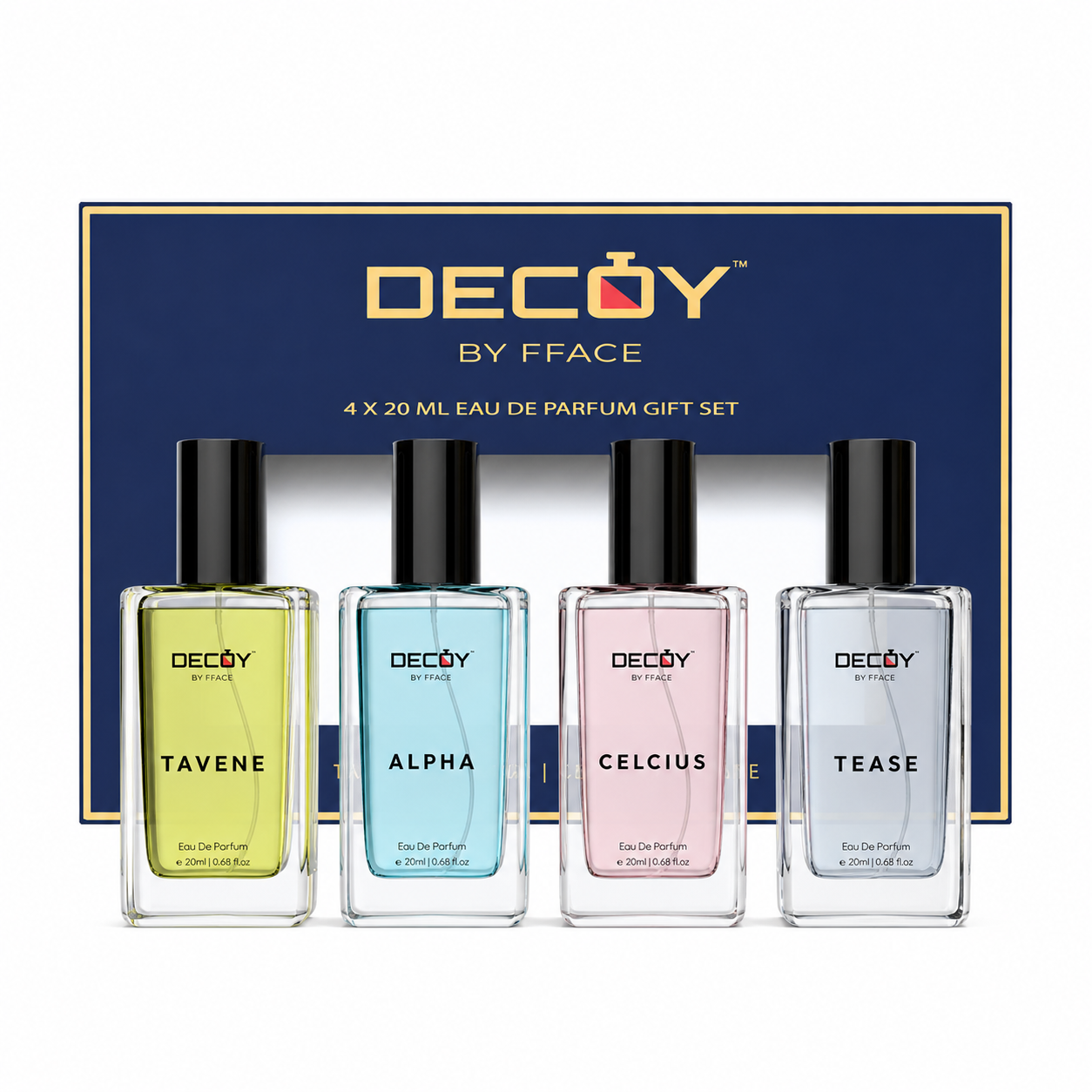 Decoy by Fface perfume gift set with four bottles in front of a branded box.