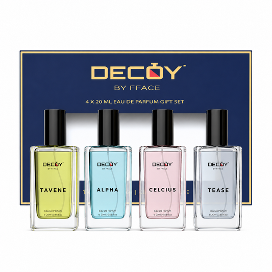 Decoy by Fface perfume gift set with four bottles in front of a branded box.