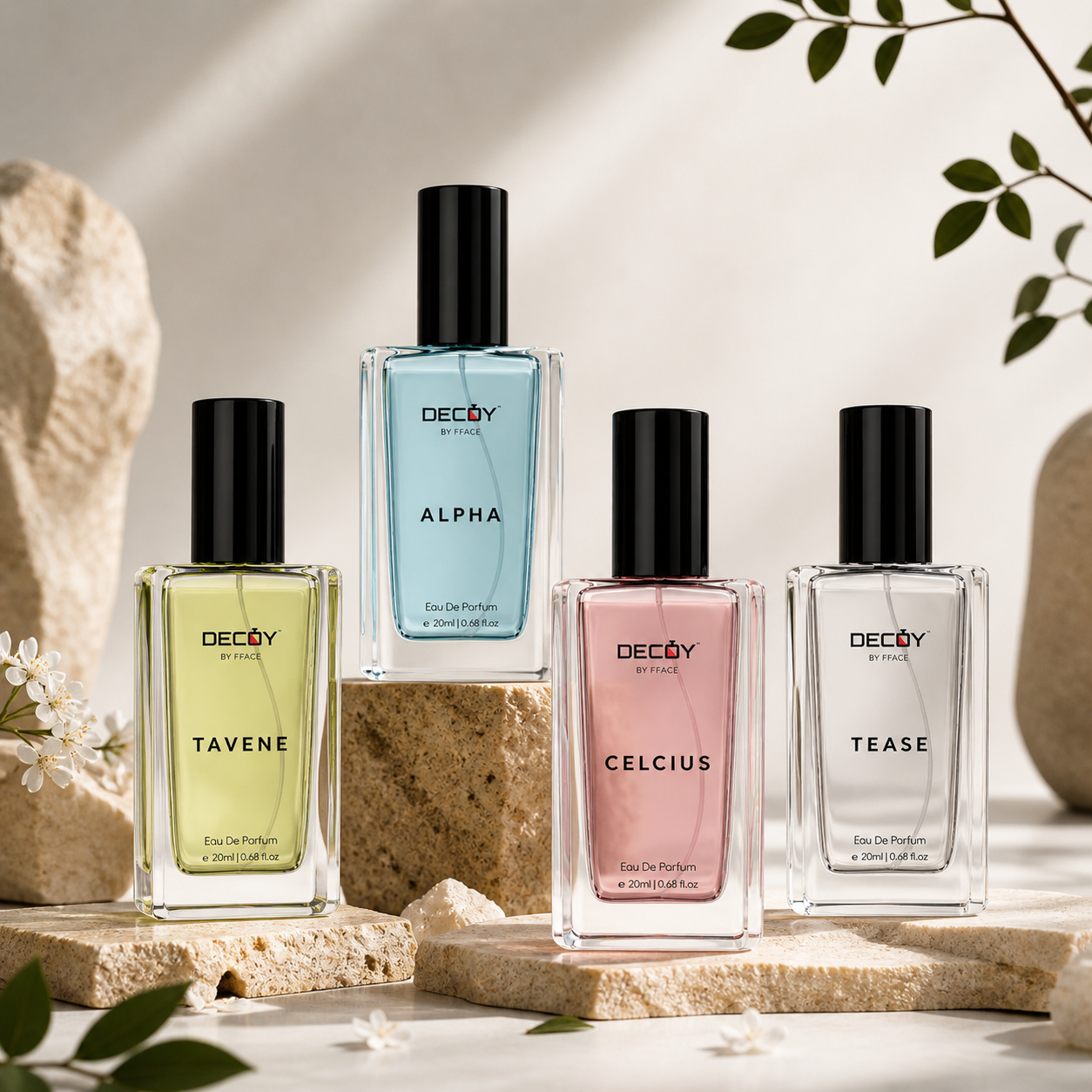 Four Decoy perfume bottles on a neutral background with decorative elements.