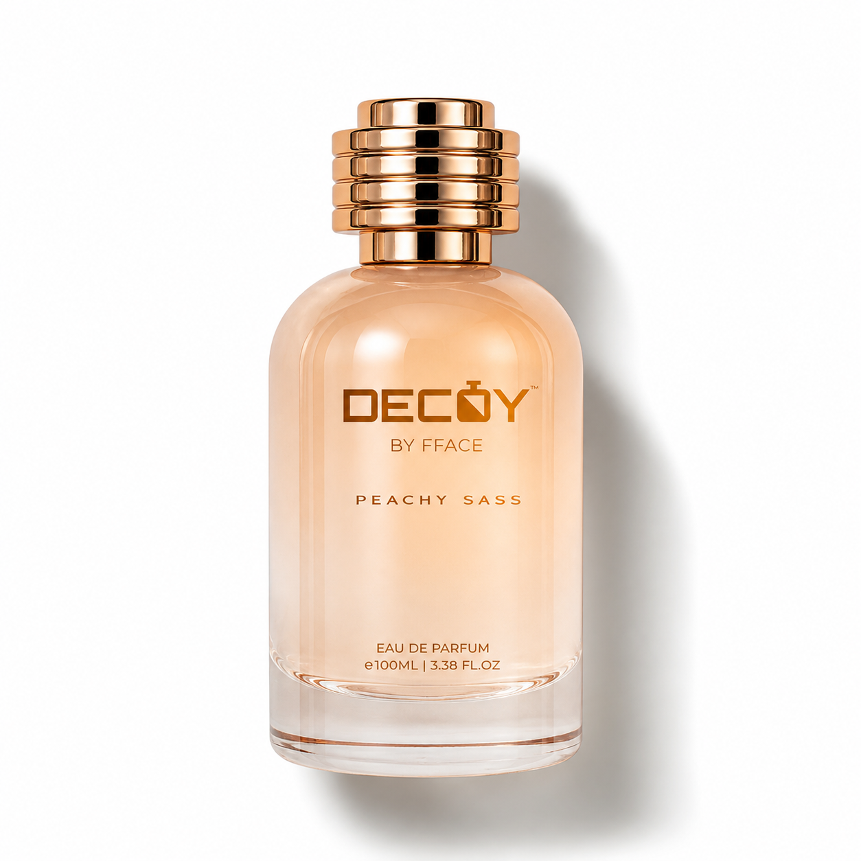 Perfume bottle labeled 'Decoy by Fface Peachy Sass' on a white background