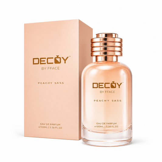 Decoy by Face Peachy Sass perfume bottle and packaging on a white background