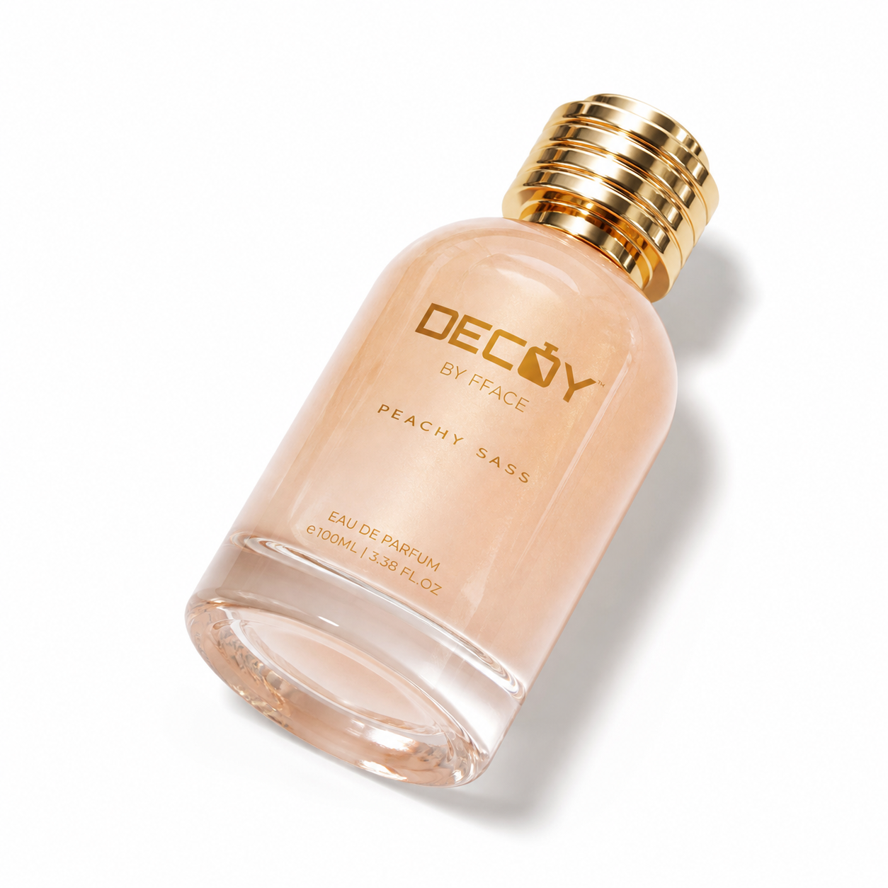Perfume bottle with gold cap on a white background
