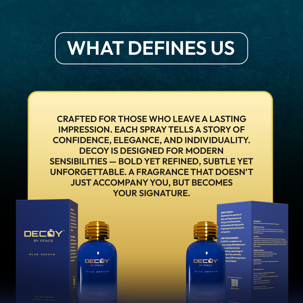 Decoy perfume bottles with packaging on a dark blue background with text about the product.