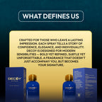 Decoy perfume bottles with packaging on a dark blue background with text about the product.