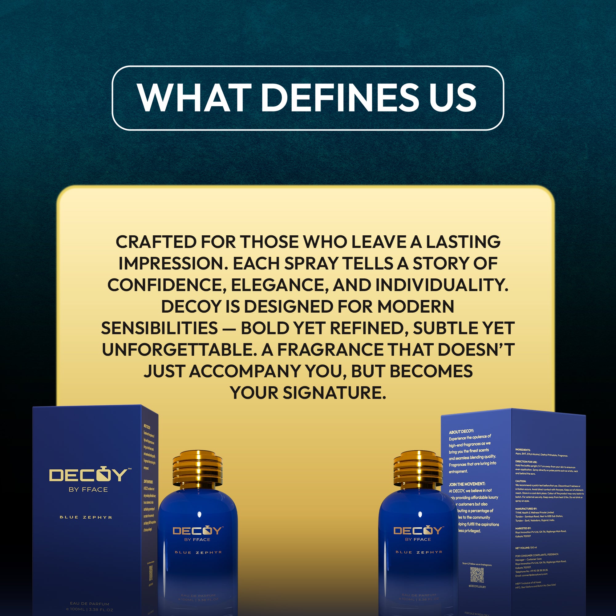 Decoy perfume bottles with packaging on a dark blue background with text about the product.