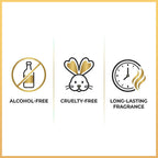 Three icons indicating alcohol-free, cruelty-free, and long-lasting fragrance on a white background.