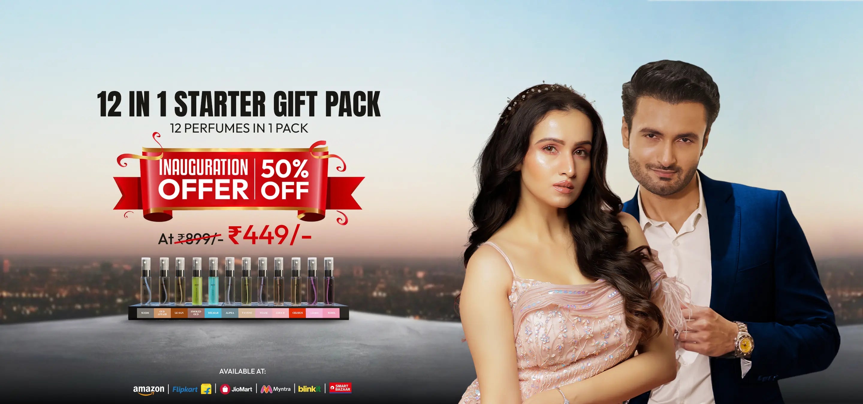 Decoy 12-in-1 Perfume Gift Pack featuring a couple, showing Inauguration Offer 50% OFF priced at ₹449.
