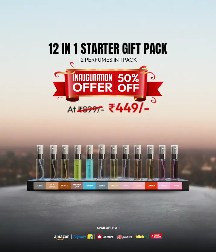Decoy 12-in-1 Perfume Gift Pack lineup displaying Inauguration Offer 50% OFF at ₹449 against a city background.