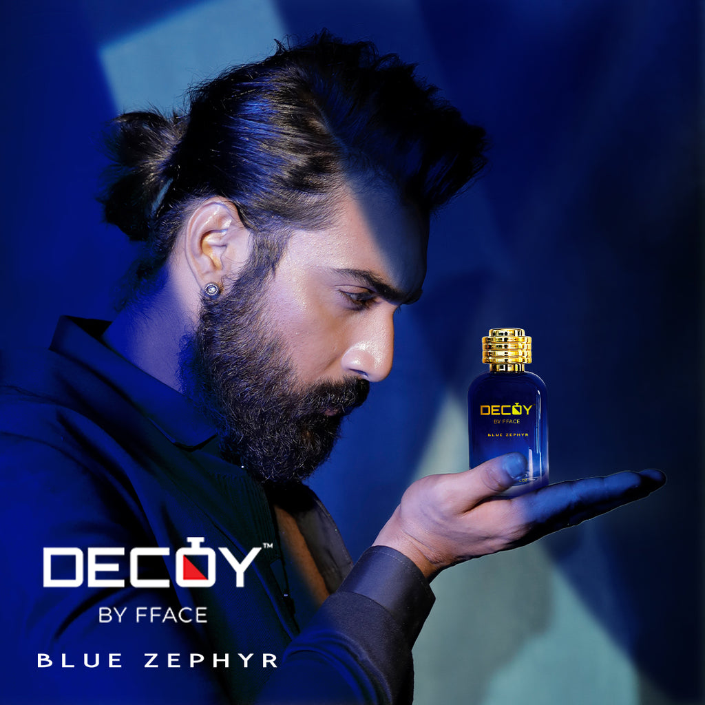 Decoy Blue Zephyr 100ml perfume model shot man holding luxury unisex fragrance bottle