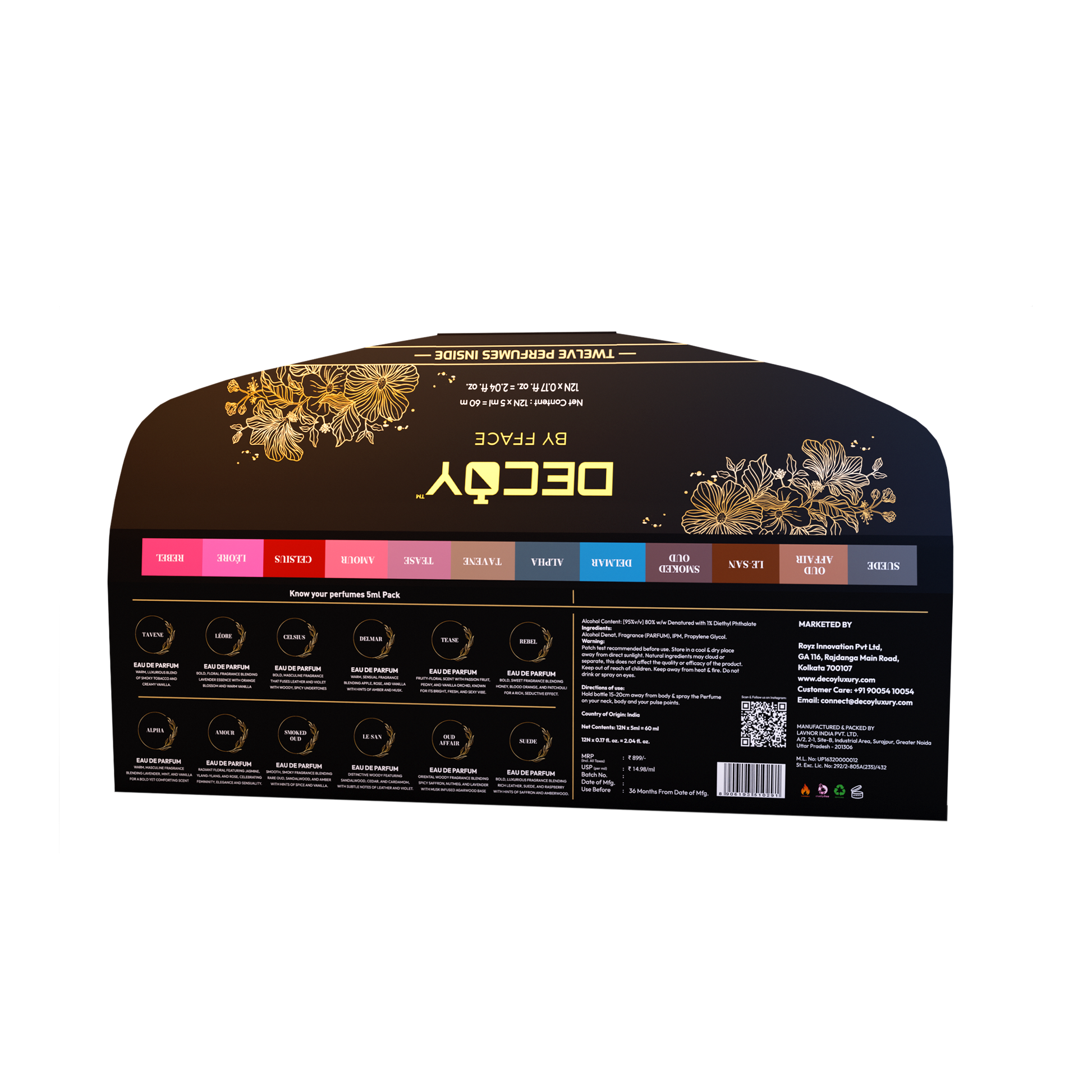 Decoy discovery set scent list showing notes for Tavene Celsius Smoked Oud and others