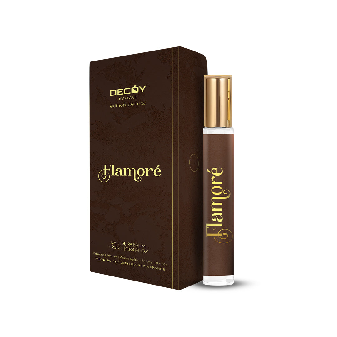Decoy Flamore 25ml travel perfume bottle and box brown packaging tobacco honey scent