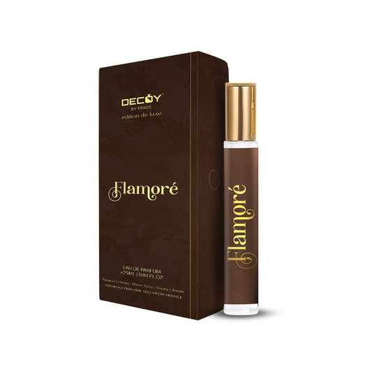Decoy Flamore 25ml travel perfume bottle and box brown packaging tobacco honey scent
