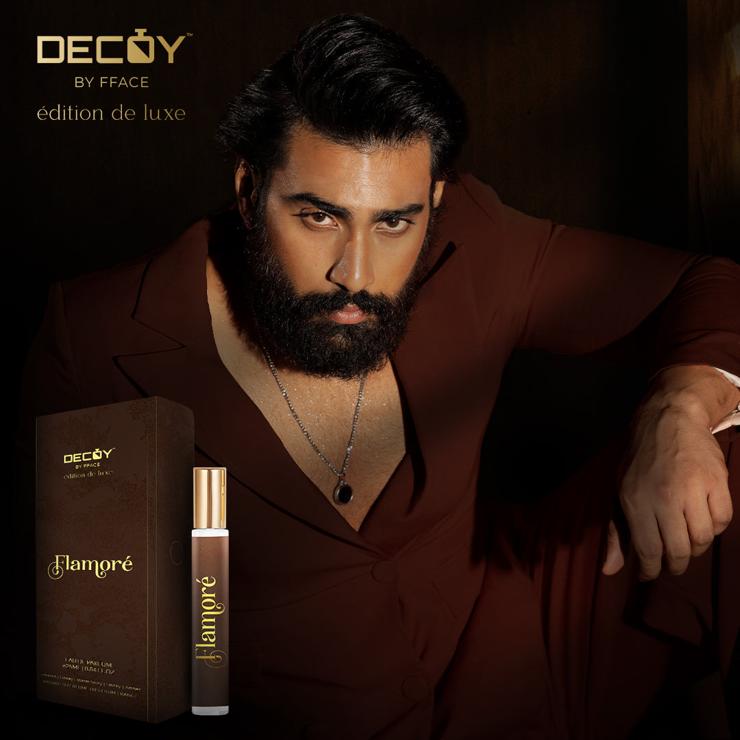 Decoy Flamore 25ml travel size perfume model shot man in brown suit holding luxury fragrance